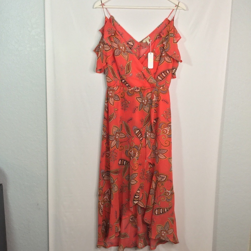 EYE SHADOW Floral‎ Wrap Maxi Dress Ruffled Cold Shoulder Coral Medium M